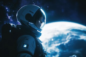 Poster - A female astronaut gazes at Earth from space, a serene yet profound moment of cosmic contemplation.