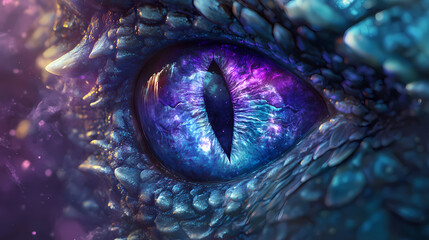 Wall Mural - stock photograph of a dragon eye with blue and purple colors. fantasy digital artwork. mystical - fo