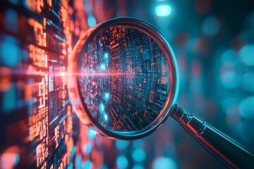 Poster - Magnifying Glass Focus on Digital Circuit with Glowing Elements