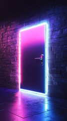 Poster - This image features a glowing neon door set against a textured dark wall, creating a captivating and mysterious atmosphere with vibrant colors and reflections.
