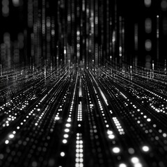 Poster - A black and white image of a cityscape with many dots. The image is abstract and has a futuristic feel to it