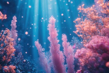 Poster - Sunbeams illuminate vibrant coral and sea plants in a serene underwater scene.