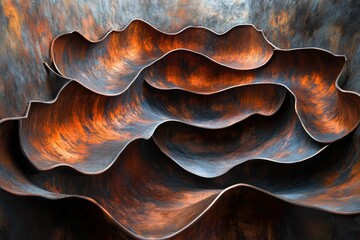 Aufkleber - Abstract metal sculpture with layered, wave-like forms, showing rust and patina.