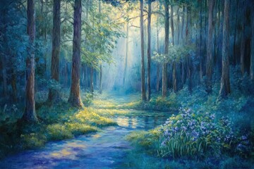Poster - Sunlit path meanders through a mystical blue forest, serene and magical, with wildflowers blooming along the stream.