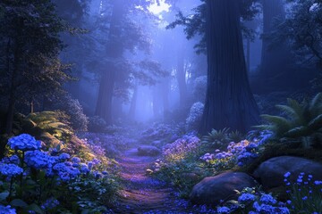 Poster - Enchanted forest path bathed in ethereal blue light, lined with vibrant purple flowers and tall trees.