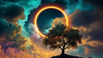 Wall Mural - a lone tree illuminated by a glowing circle of light, set against a dramatic night sky with vibrant 