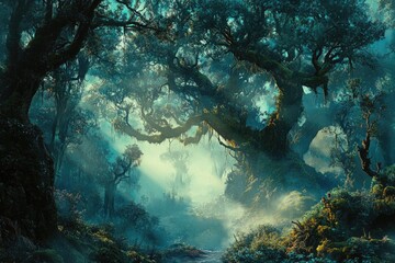 Aufkleber - Mystical, sun-dappled rainforest path winds through ancient, moss-covered trees.