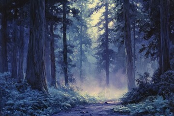 Aufkleber - A mystical path winds through a serene redwood forest bathed in ethereal light and mist.