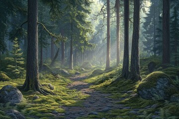 Poster - sunlit path winds through a mossy, mystical forest, tall trees casting long shadows.