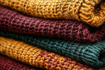 Aufkleber - A stack of cozy, autumn-colored knitted sweaters in warm earth tones.