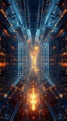 Poster - Explore a stunning digital corridor filled with vibrant blue and orange light elements, creating a captivating futuristic atmosphere and design.