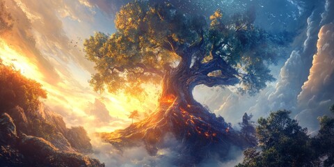 Poster - Majestic Fantasy Tree Illuminated by Sunset in a Colorful Celestial Landscape