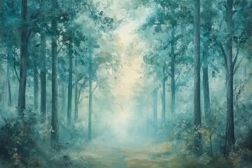 Aufkleber - Serene teal forest path, sunlit and misty, evokes tranquility and mystery.