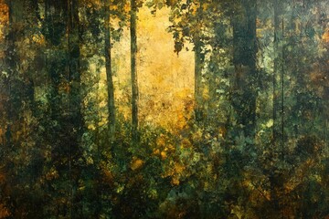 Poster - a sunlit path through a deep forest, golden light filtering through the leaves and trees.