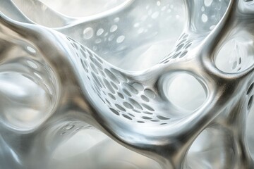 Poster - Abstract silver sculpture with organic, flowing form and perforated detailing, evoking a sense of fluidity and complexity.