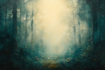 Poster - enigmatic forest path veiled in ethereal mist, sunlight filtering through dense trees, creating a ma