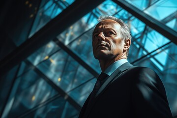 Poster - A confident businessman stands against a modern glass building, gazing intently.