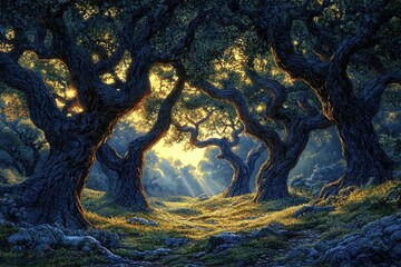 Poster - Sunlit path through ancient, gnarled oak trees in a mystical forest.