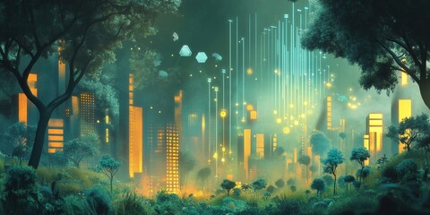 Poster - Enchanting Urban Landscape with Glowing Trees and Neon City Lights in a Mysterious Forest