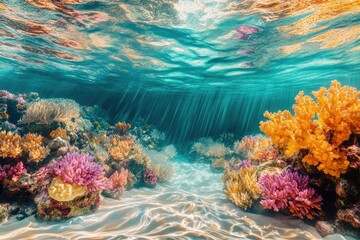 Aufkleber - Vibrant coral reef thrives under sunlit ocean water, showcasing diverse species and colors.