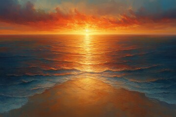 Poster - Fiery sunset over a vast ocean, waves gently lapping the shore, painting the sky and sea in warm hues.