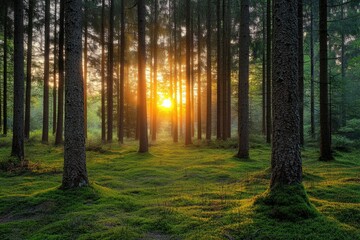 Poster - Sunset illuminating a dense forest, creating a magical and serene atmosphere.
