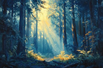 Poster - Sunbeams pierce a serene redwood forest, creating a magical, mystical atmosphere.