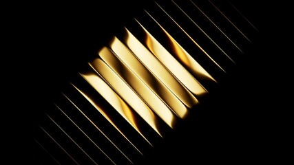 Poster - Looping 3D animation. Abstract minimalist aesthetic background. Fluted glass texture. Gradient in shades of gold reflects and slides inside black diagonal stripes