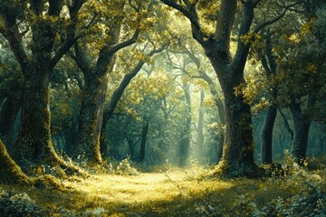 Poster - Sunlit path through a mystical forest, ancient trees create a magical ambiance.