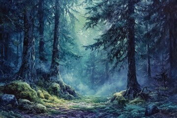 Poster - A mystical forest path winds through tall, moss-covered trees shrouded in ethereal mist.