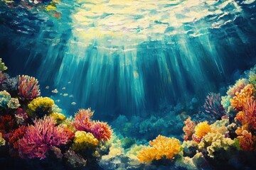 Poster - Vibrant underwater scene showcasing sunlit coral reefs teeming with marine life.