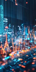 Poster - Futuristic Digital Cityscape with Data Visualization and Financial Market Trends at Night