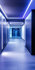 Poster - Illuminated Modern Corridor with Blue Lighting and Sleek Design in a Contemporary Indoor Space
