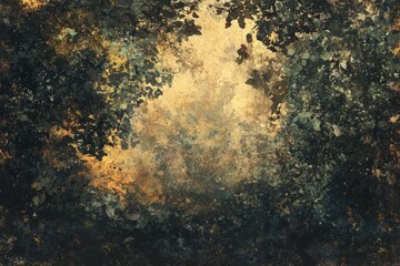 Poster - Abstract art depicting a sunlit clearing framed by dark, textured foliage, creating a moody, atmospheric scene.