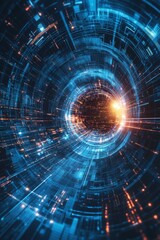 Poster - Futuristic Digital Vortex with Blue and Orange Light Patterns Representing Data Flow and Energy