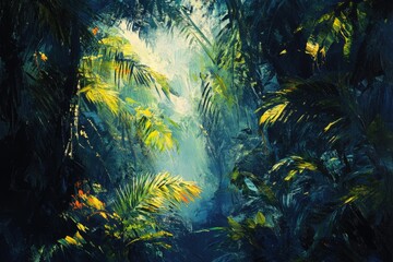 Poster - Lush tropical jungle scene depicted in vibrant greens and yellows, sunlight filtering through dense foliage.