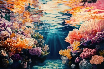 Poster - Vibrant underwater scene depicting a colorful coral reef bathed in sunlight, showcasing diverse marine life and textures.