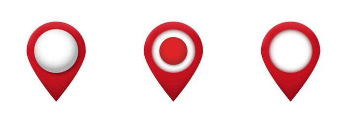 Poster - Three location markers have distinct designs. red with white and red circle centers.