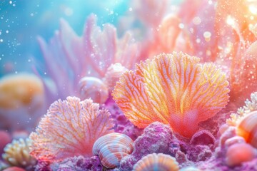 Poster - Vibrant coral reef scene with pastel-colored corals and shells underwater, bathed in sunlight.