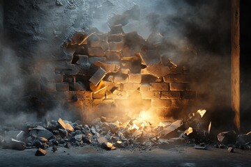 Poster - crumbling brick wall with smoke and light from behind debris