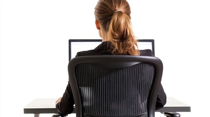 Poster - A businesswoman sitting in a comfortable office chair, looking at her computer screen with a professional demeanor, on a white isolated background