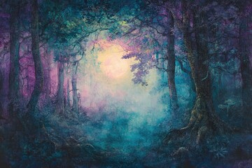 Poster - Enchanted forest bathed in ethereal moonlight, mystical and serene atmosphere.