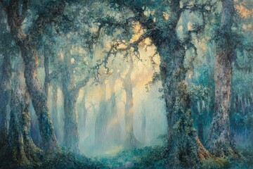 Poster - Sunlit path through a mystical, fog-laden forest of ancient trees.