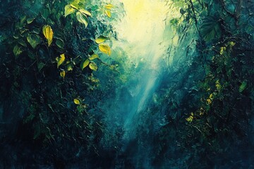 Poster - Luminous rays pierce a dense, verdant jungle, creating a mystical, ethereal atmosphere.