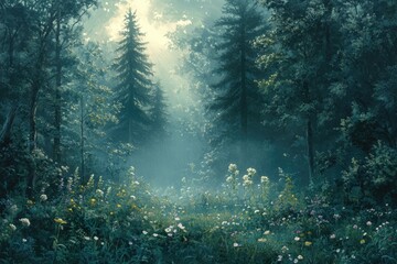 Poster - Sunlit forest clearing with wildflowers, misty ambiance, serene and peaceful.