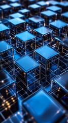 Poster - abstract digital cubes in a geometric grid displaying illuminated blue light patterns
