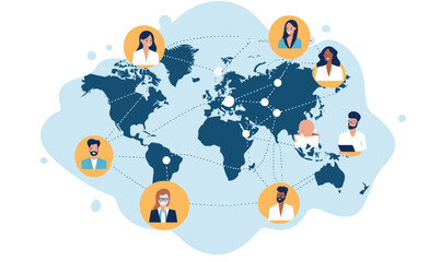 Poster - Global Business Network Concept with Diverse Team on World Map for International Collaboration