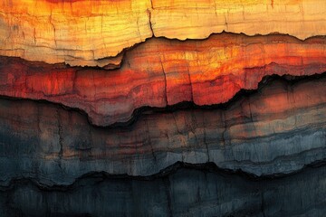 Poster - Layered rock formation showcasing vibrant hues of orange, red, and dark gray, creating a striking abstract landscape.