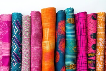 Poster - Vibrant collection of rolled-up fabrics showcasing diverse patterns and colors.