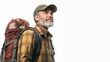 © KASUEMA SALAE - A man with a backpack, hiking up a mountain trail, enjoying the view with a content expression, on a white isolated background